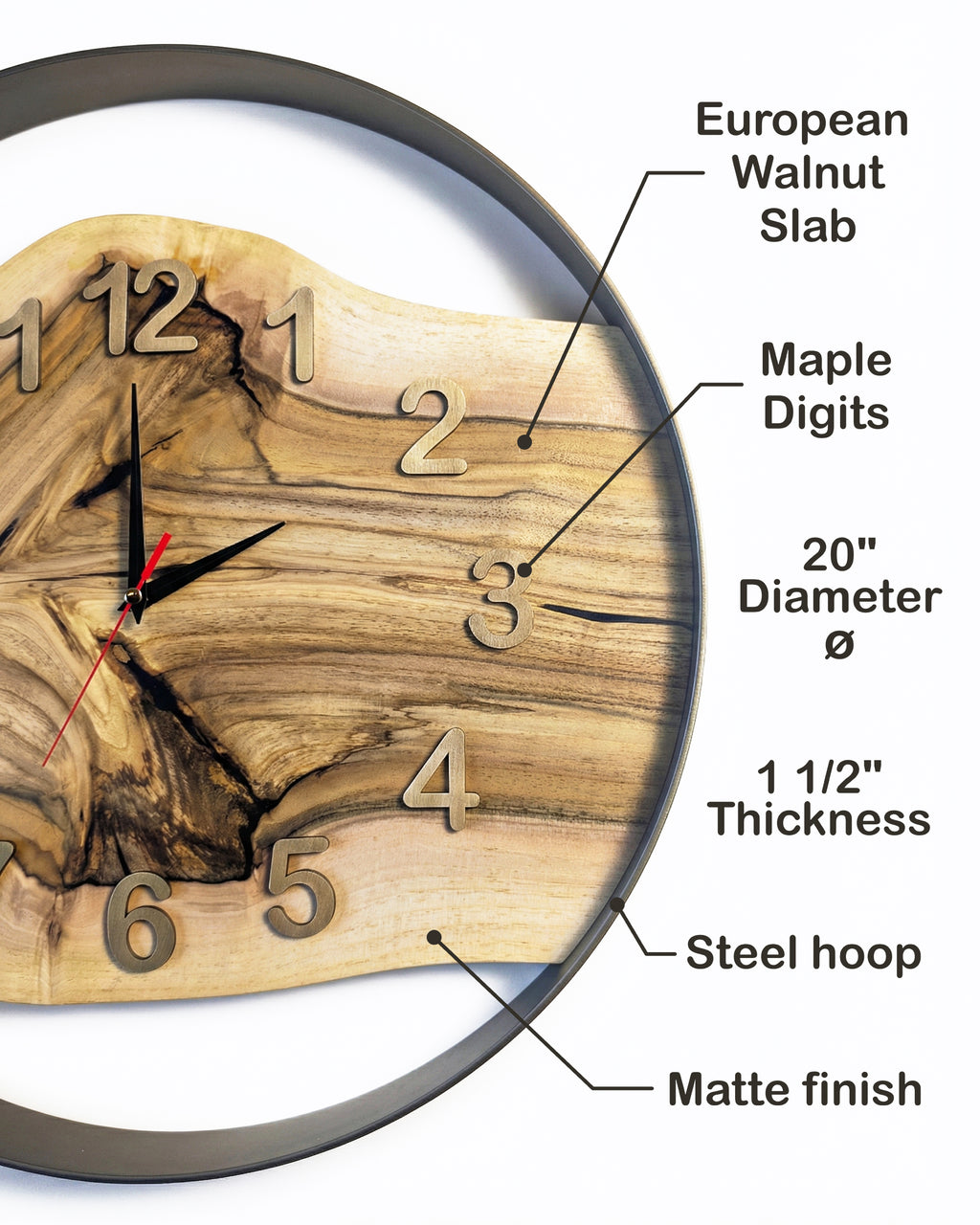 Handcrafted Live Edge European Walnut Wall Clock AETERNUM 20"