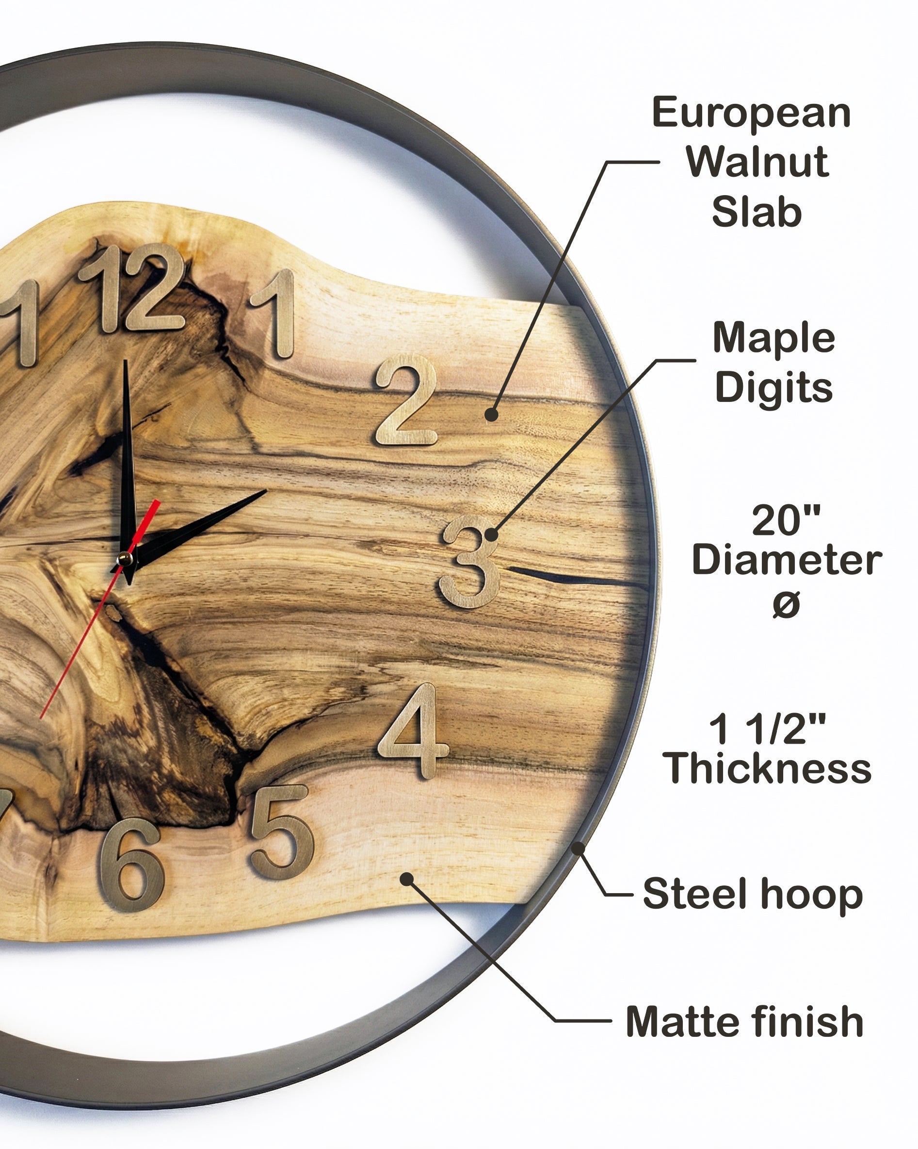 Handcrafted Live Edge European Walnut Wall Clock AETERNUM 20"