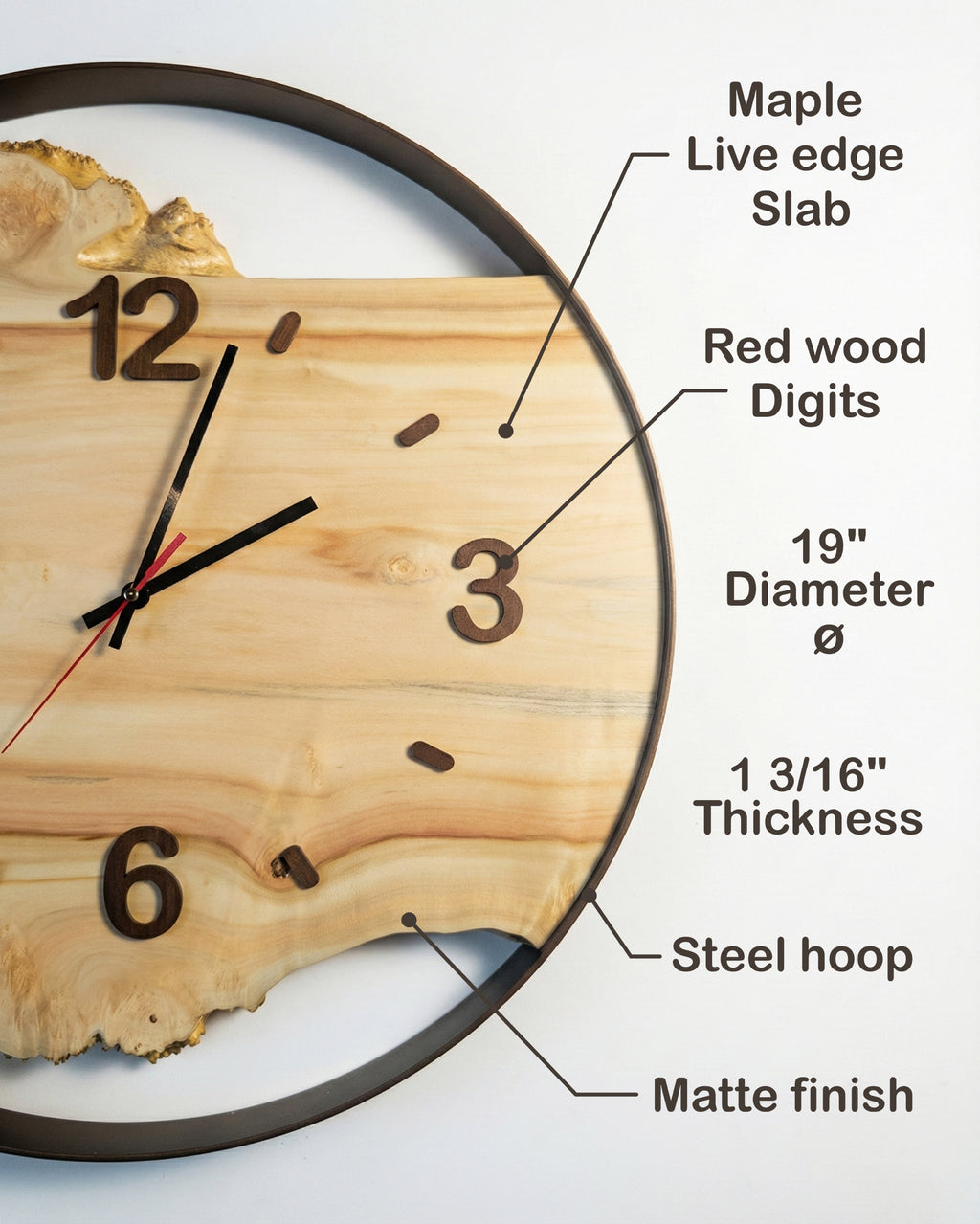 Handcrafted Live Edge Maple Wall Clock HARMONY 19"