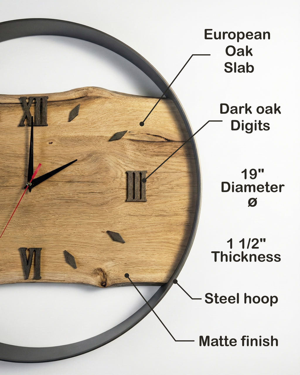 Handcrafted Live Edge European Oak Wall Clock RELICTUM GOLD 19"