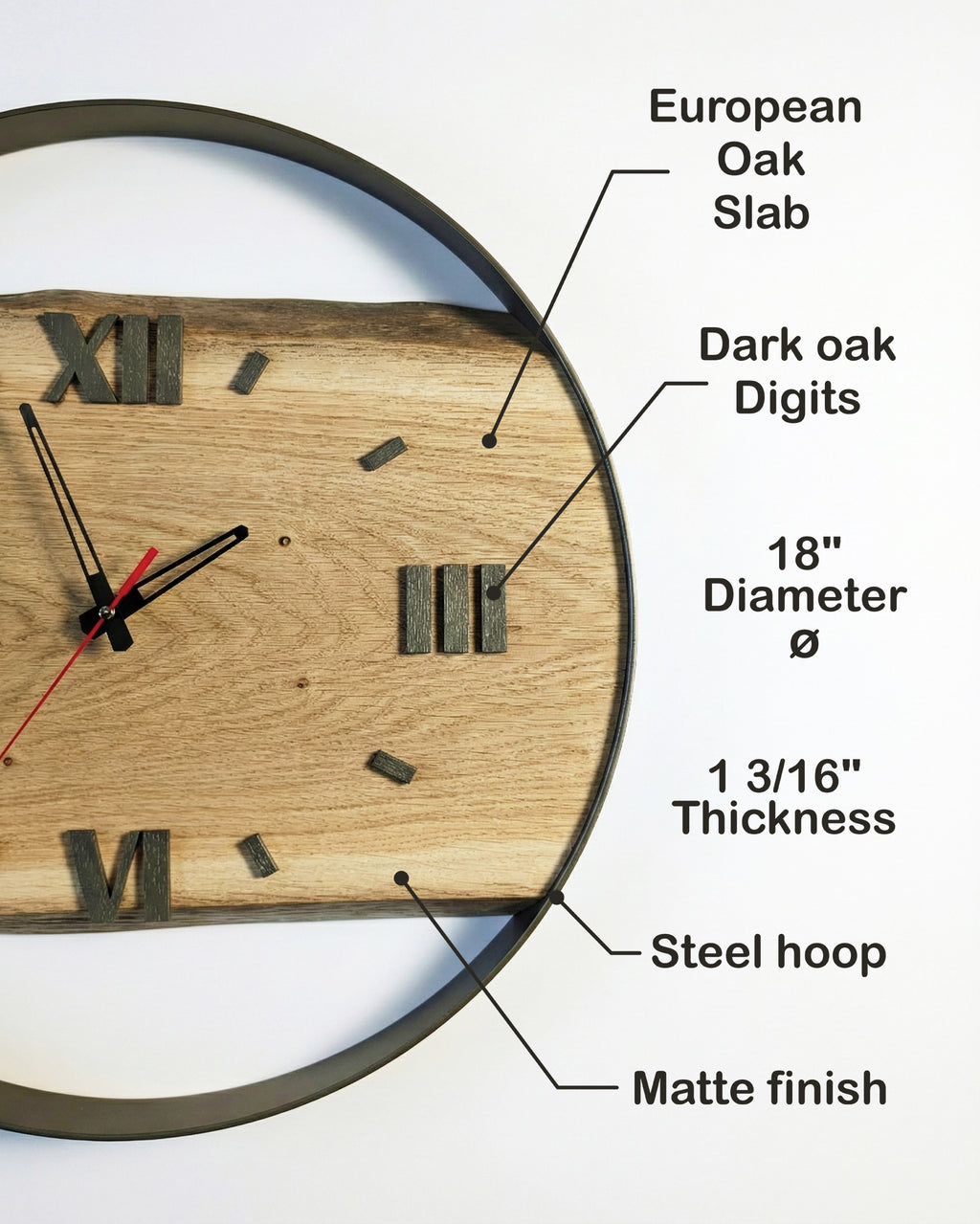 Handcrafted Live Edge European Oak Wall Clock RELICTUM GOLD 18"